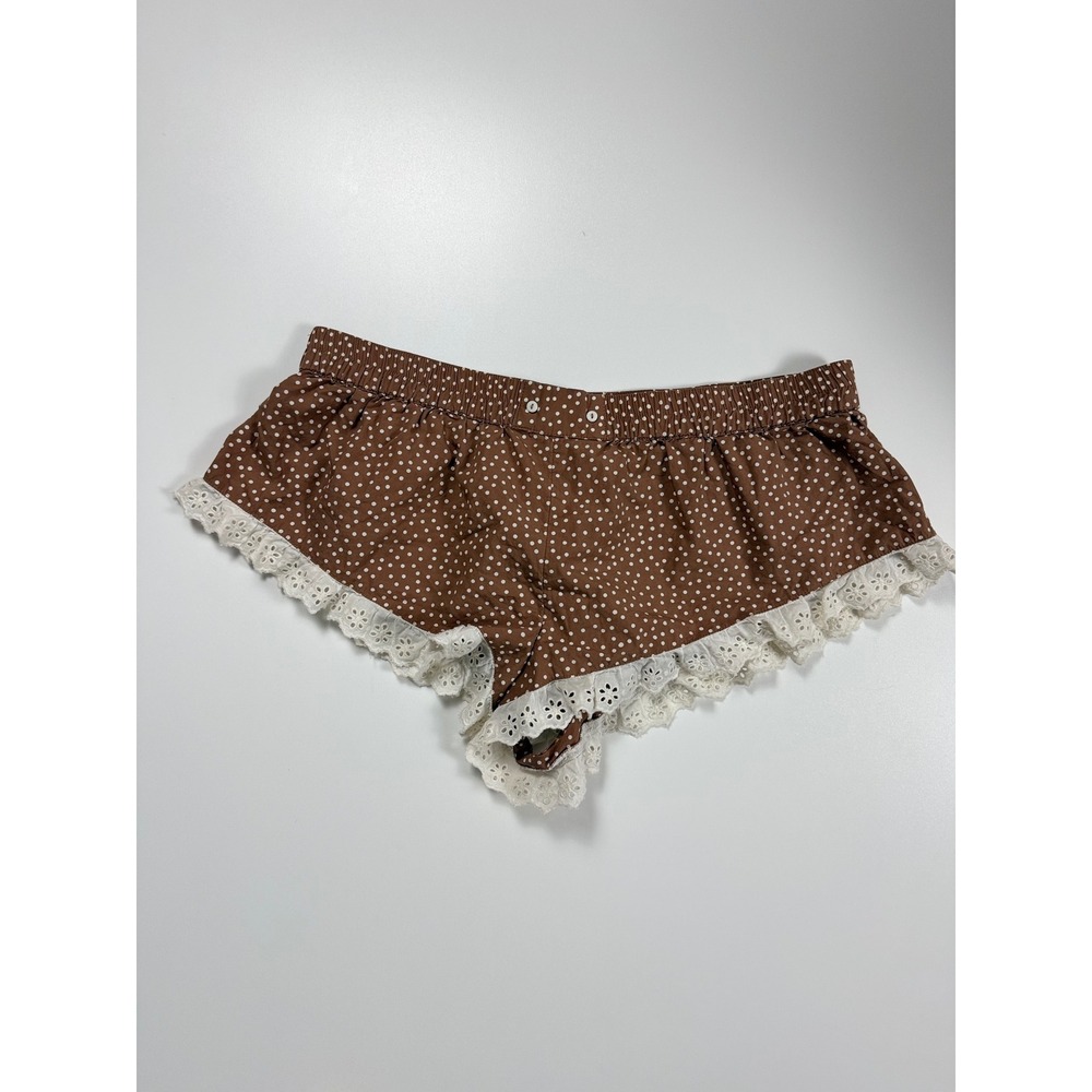 Anthropologie Brown Polka Dot Eyelet Lace Trim Sleep Shorts Womens Large L